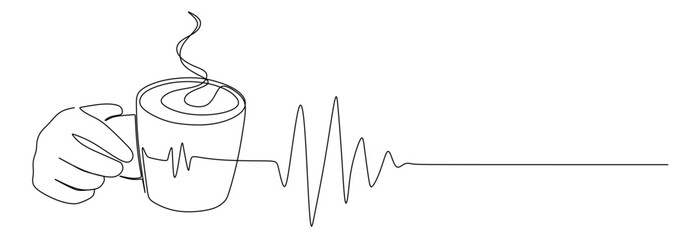 Continuous line art of a hand holding a cup of coffee or tea with the lines forming a heartbeat. This icon is for a cafe sticker or banner.