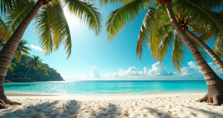 Tropical Paradise: A sun-kissed beach with the ocean view, palm trees casting shadows on the golden sand. Embrace the warmth, perfect for vacation and relaxation.