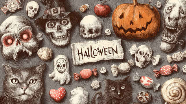 A hand-drawn collection of Halloween graphics featuring pumpkins, ghosts, zombies, owls, cats, candies, and more in a detailed vector illustration. 