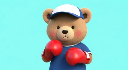 Cute teddy bear boxer in blue outfit ready to fight on blue background 3d render