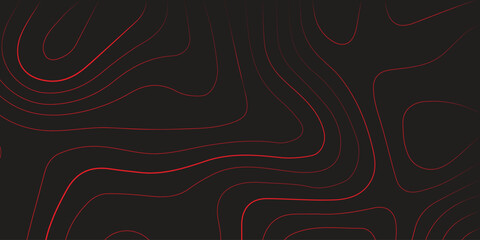 Modern abstract topographic map contour lines red black background panoramic terrain path mapping cartography vector illustration
