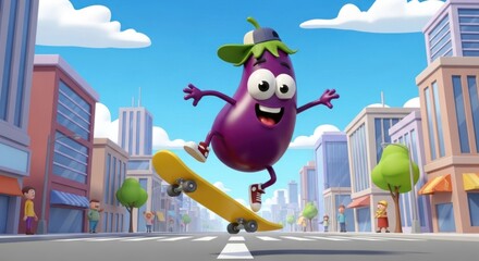 Cartoon eggplant skateboarding through a whimsical cityscape under a bright blue sky filled with