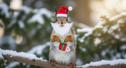 Festive squirrel in Santa hat holding a present on a snowy branch portrait shot
