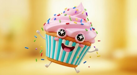 Adorable cartoon cupcake character with pink frosting and colorful sprinkles illustration