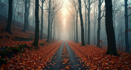 Misty Autumn Road: An atmospheric view of a leaf-strewn road disappearing into a misty forest, framed by tall trees. This scene is full of mystery and anticipation.