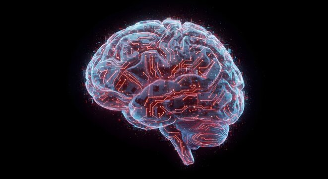 A glowing 3D digital illustration of a human brain with red and blue neon light on a dark background. 