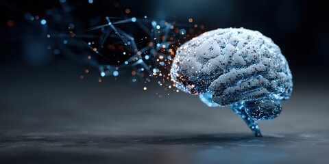A 3D brain made of tiny cubes rises from a human head, showcasing blue connections against a dark backdrop. This design represents artificial intelligence and data science.