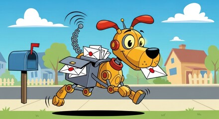 Cartoon illustration of a futuristic robotic dog delivering mail in a suburban setting with a blue