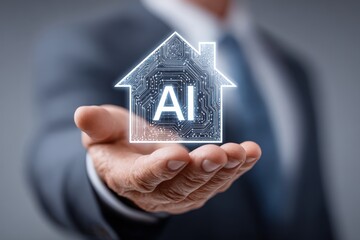 A businessman in a suit holds a house and brain icon, symbolizing AIs impact on real estate. He represents the future of property technology and smart homes.