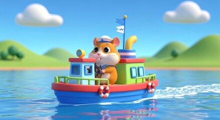 Animated hamster captain at the helm of a vibrant tugboat on a sunny waterway voyage