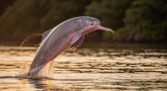 Amazon river dolphin jumping out of the water in the amazon river at sunset, south america