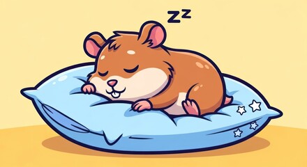Cute cartoon hamster sleeping soundly on a blue pillow with stars illustration