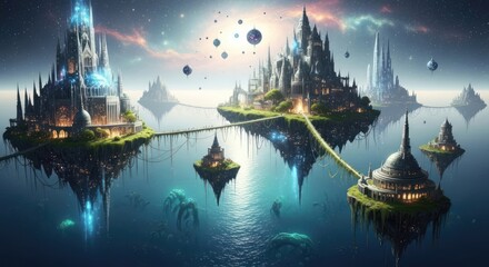 Spectacular floating islands with majestic castles linked by bridges in a celestial sea
