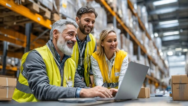 A dedicated team collaborates in a warehouse, reviewing critical data on a laptop. This image portrays the essence of teamwork, efficiency, and a commitment to logistical excellence.