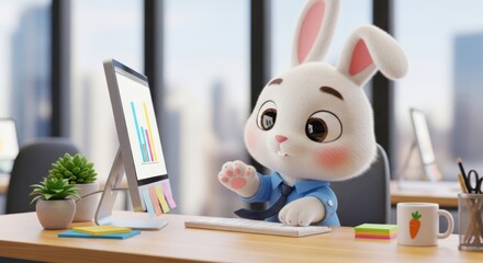 Cartoon bunny office worker analyzing charts and graphs in an office setting