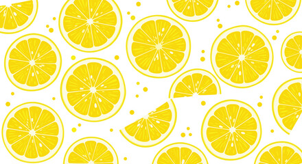 A vibrant pattern of fresh yellow lemon slices and dots on a white background.
