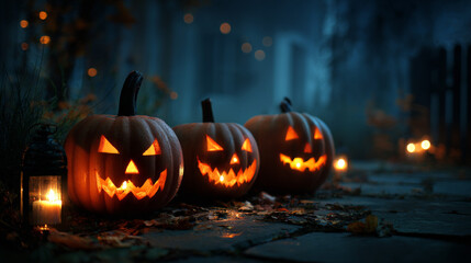 Obraz premium Three glowing pumpkins with carved Faces and candles inside