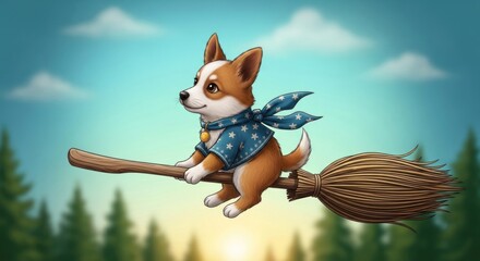 Whimsical corgi puppy soaring through the sky on a broomstick fantasy adventure