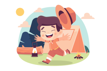 Boy Scout Running Cheerfully Near Tent with Hat Trees Log and Lantern in Cartoon Style on Transparent Background