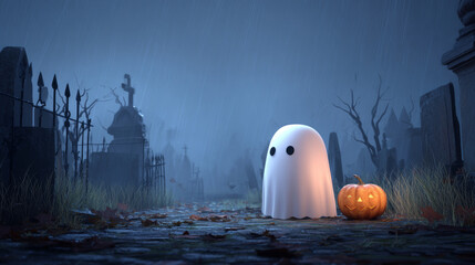 A 3D spooky Halloween scene set in a haunted graveyard where