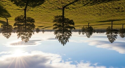 Surreal Inverted Landscape with Trees Reflecting in Sky, creating a calming and dreamy visual