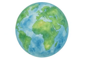 Fototapeta premium Earth globe watercolor painting with green continents and blue ocean, symbolizing environment and world connection on transparent background