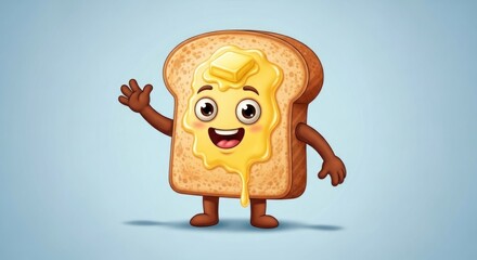 Cheerful toast cartoon character with melted butter on light blue background