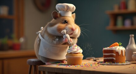 Adorable hamster chef meticulously decorates a cupcake in a charming culinary setting