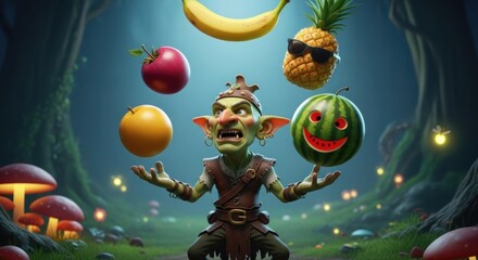 Fantasy creature juggles fruit in a whimsical forest setting with glowing mushrooms and fireflies