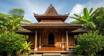 Obraz premium Ornate Traditional Indonesian Wooden House with a Tiled Roof and Elevated Porch, Surrounded by Lush Tropical Greenery, Including Banana Plants and Red Hibiscus Flowers, Under a Clear Blue Sky.