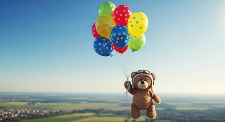 Teddy bear with aviator hat holding a bunch of colorful balloons in the sky over landscape