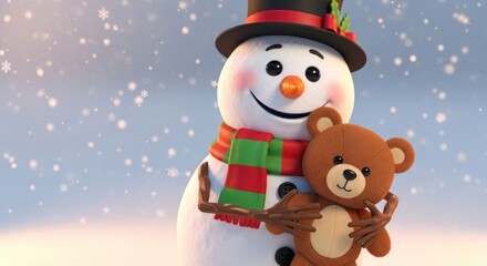 Charming 3D Snowman Hugging a Teddy Bear Amidst a Winter Snowfall Holiday Celebration