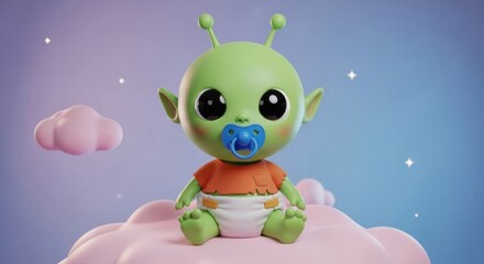Adorable Baby Alien on a Cloud Illustration for Children's Books and Nursery Decor