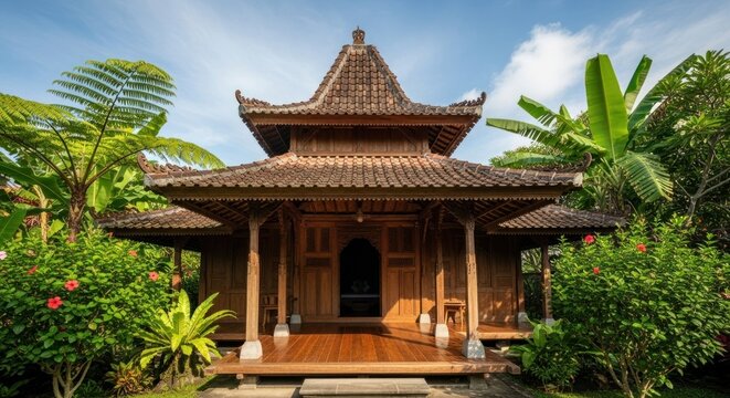 Ornate Traditional Indonesian Wooden House with a Tiled Roof and Elevated Porch, Surrounded by Lush Tropical Greenery, Including Banana Plants and Red Hibiscus Flowers, Under a Clear Blue Sky.