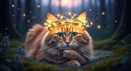 Captivating image of an orange tabby cat wearing a crown of sparkling fairy lights in a mystical