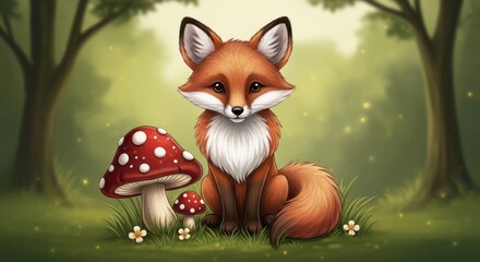 Whimsical forest scene with a cute fox and toadstools creating a magical atmosphere