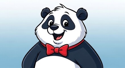 Charming cartoon panda bear with red bow tie on light blue background illustration
