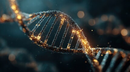A golden DNA double helix floats in a dark blue background, illuminated by dynamic light effects.