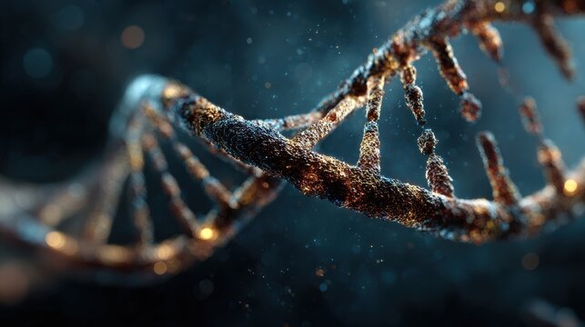 A golden DNA double helix twists in a black and dark blue background, creating a thrilling sci-fi scene filled with light effects.