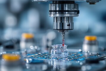 Close-up of a precision instrument performing a detailed operation on a laboratory sample container.