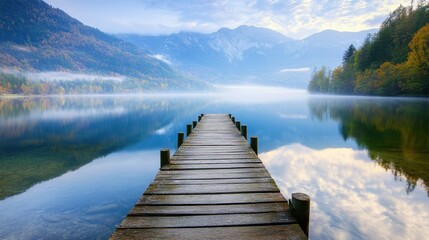 Serene Reflection at Dawn on a Tranquil Lake with Wooden Dock