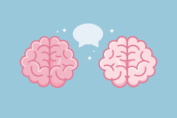 Two pink brains communicating through a speech bubble with sparkles on a blue background