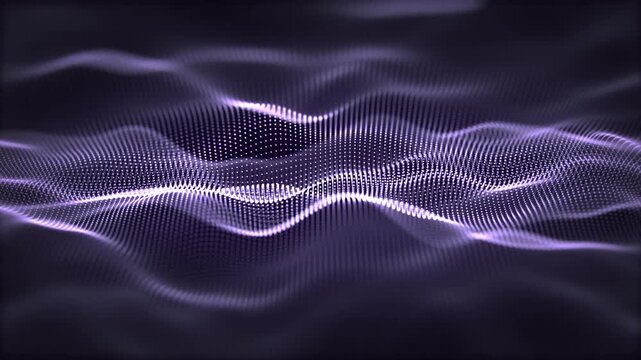 Seamless loop background with dark abstract waves made of glowing particles with soft light effect. Smooth waveform with floating luminous dots for digital sound visualization and modern art. 4K 60fps