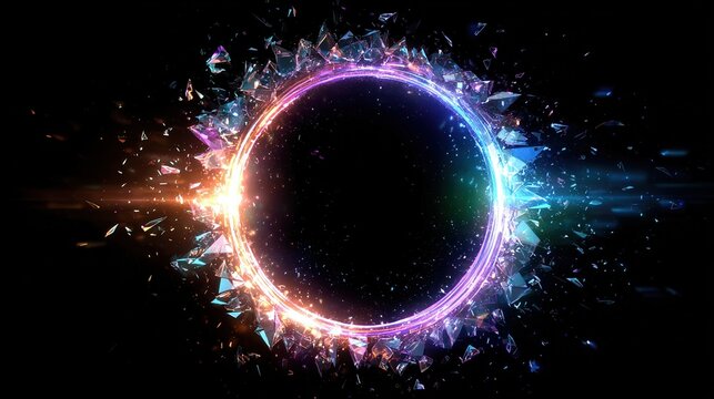 A glowing, shattered halo with shards of glass surrounding a central black void against a dark background