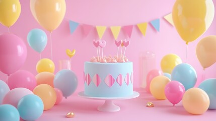 Colorful Birthday Cake with Balloons and Decorations in Pink Setting