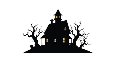 Spooky haunted mansion silhouette with bare trees and glowing windows for halloween night ambiance