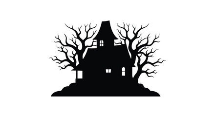 Spooky haunted house silhouette with bare tree branches eerie atmosphere for halloween celebrations