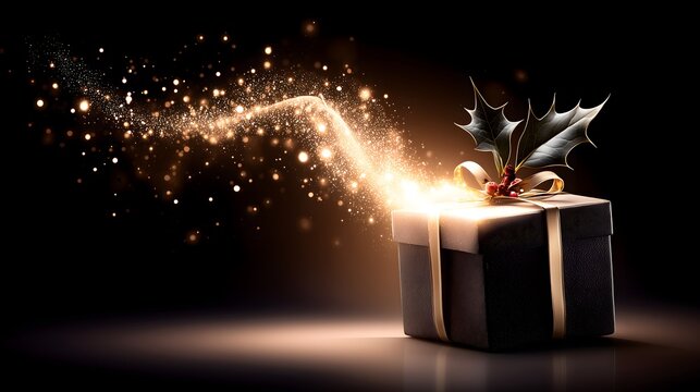 Christmas gifts with holly decoration on a dark festive background