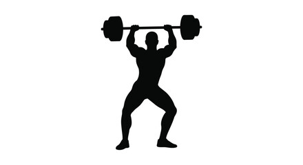 Silhouette of a strong athletic man lifting a heavy barbell overhead in a powerful fitness workout pose