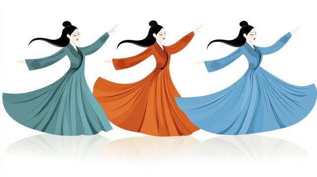 Three women in flowing dresses dancing